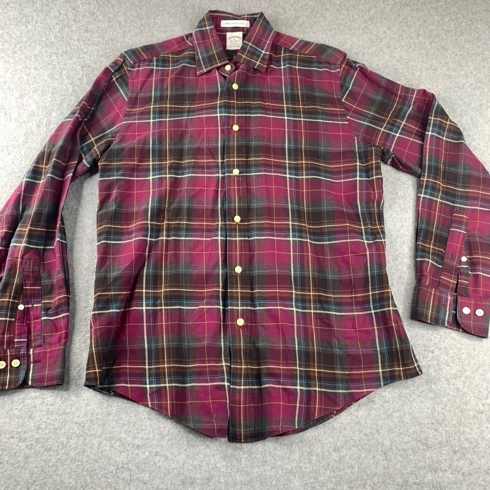 Brooks Brothers Button Down Shirt Mens M Burgundy Plaid Regent Fit Long Sleeve